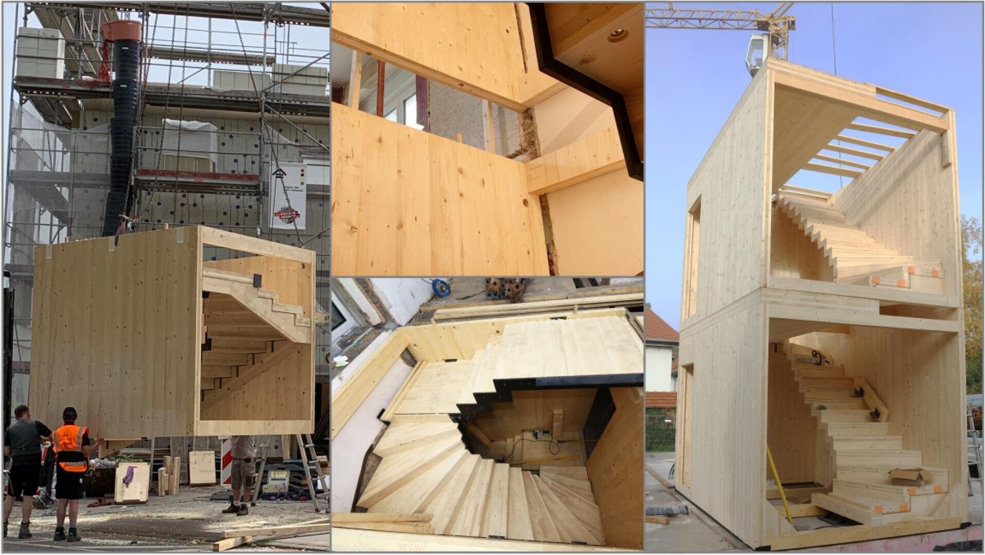 Eine Collage zeigt eine modulare Holztreppenkonstruktion, die mit einem Kran in einen Sanierungs-Bau gehoben wird. Mehrere Geschosse werden übereinander gesetzt. Rechts stehen zwei Treppen-Module für einen Neubau übereinander.