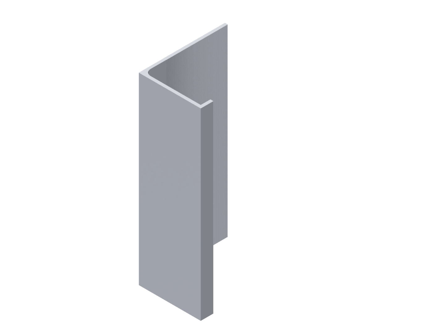 Isometrische Ansicht einer grauen, metallischen U-förmigen Rinne oder Klammer mit einer langen vertikalen Seite und einem kürzeren horizontalen Flansch, die einem strukturellen oder architektonischen Metallprofil ähnelt.