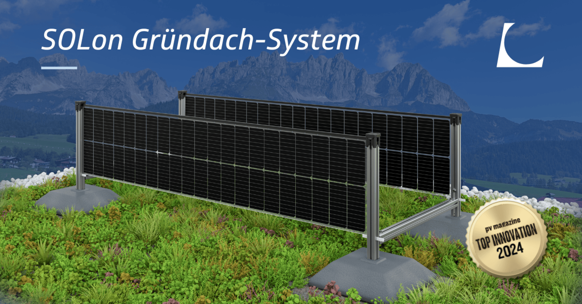 Two black solar modules on a green roof with vegetation in front of a mountain background. The text reads "SOLon green roof system". A gold plaque reads "pv magazine TOP INNOVATION 2024". A white logo appears at the top right.