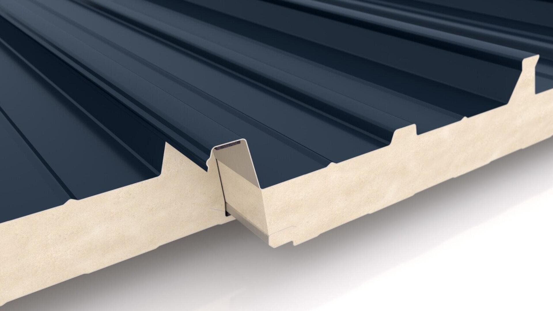 A close-up view of a dark blue insulated metal roofing panel, showing its layered structure and interlocking design, with a foam core sandwiched between the metal surfaces.