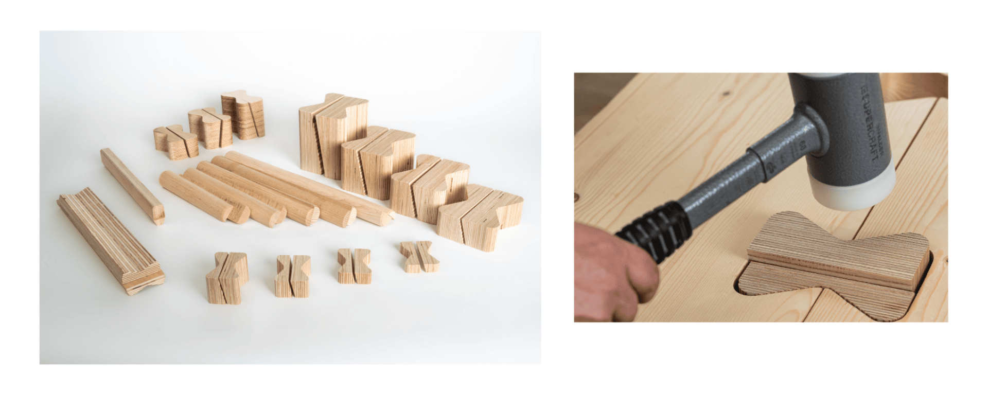 Verschiedene hölzerne Schmetterlingsschlüssel in unterschiedlichen Größen sind auf einer weißen Fläche angeordnet; rechts wird ein Schmetterlingsschlüssel mit einem Hammer in eine Fuge auf einem Holzbrett eingesetzt.