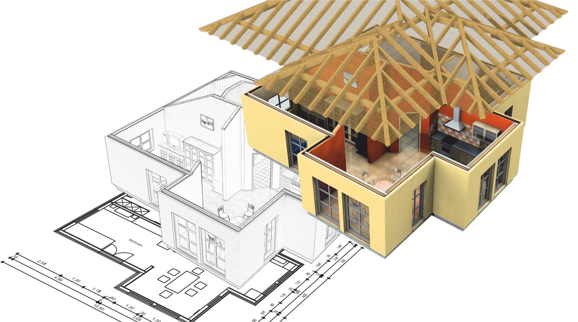 Ein 3D-Modell eines Hauses, das teilweise auf architektonische Grundrisse gelegt ist und eine freiliegende Holzdachkonstruktion, Innenräume und eine Mischung aus gerenderten und gezeichneten Elementen zeigt.