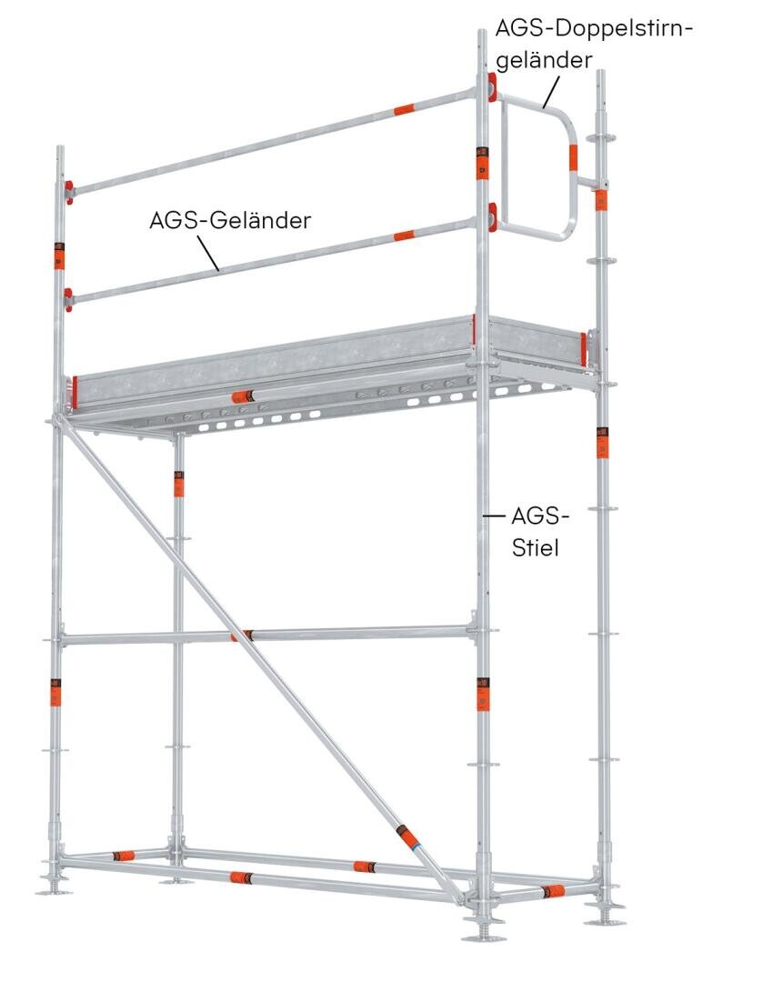 Eine Metallgerüstkonstruktion mit beschrifteten Teilen in deutscher Sprache: AGS-Doppelstirngeländer, AGS-Geländer und AGS-Stiel.