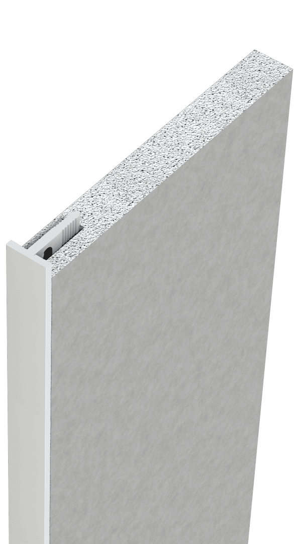 Nahaufnahme eines grauen, rechteckigen Wandpaneels mit strukturierter Oberfläche und freiliegendem Querschnitt, der einen inneren Schaumstoffkern und einen weißen Randrahmen mit einem sichtbaren Schlitz und eingebetteten Beschlägen erkennen lässt.