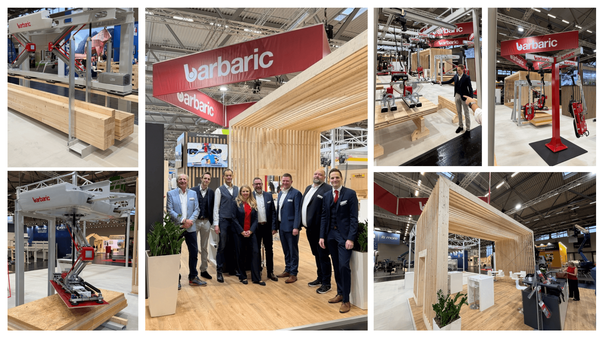 Eine Collage aus sechs Bildern zeigt einen Messestand der Firma Barbaric mit großen Holz- und Metallmaschinen, einer Gruppe von formell gekleideten Personen und modernen Holzkonstruktionen bei heller Innenbeleuchtung.