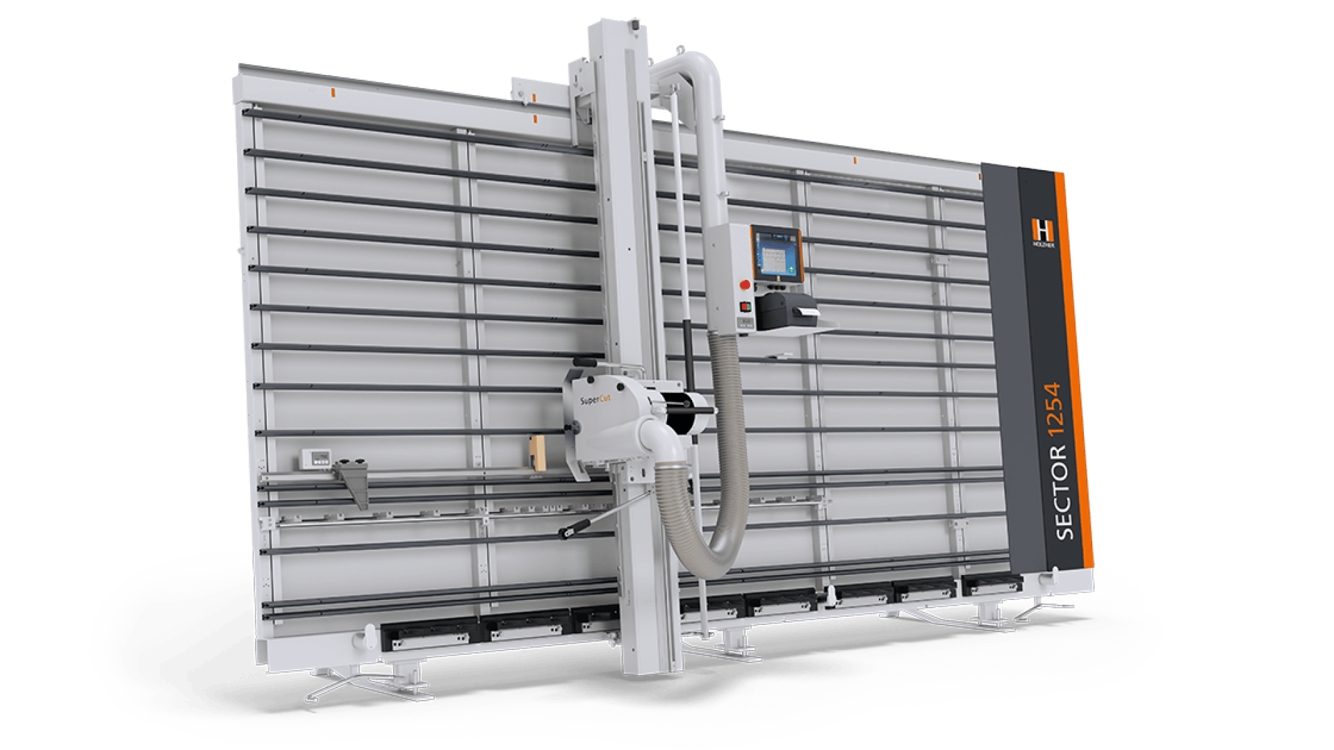 Eine große, vertikale Plattensägemaschine mit digitalem Kontrollbildschirm und Staubabsaugschlauch mit der Bezeichnung "SECTOR 1254", die für den präzisen Zuschnitt von Plattenmaterial in der Holzverarbeitung oder in der Industrie konzipiert ist.