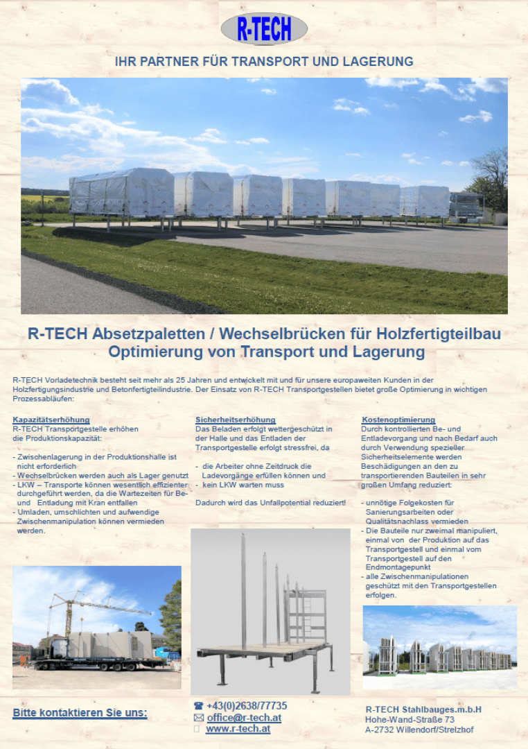 Werbeflyer für R-TECH mit großen Lagercontainern und modularen Transporteinheiten für den Holzbau. Enthält Firmenlogo, Kontaktinformationen und Bilder von Produkten auf Lastwagen und in Lagerhallen. Der Text ist auf Deutsch.