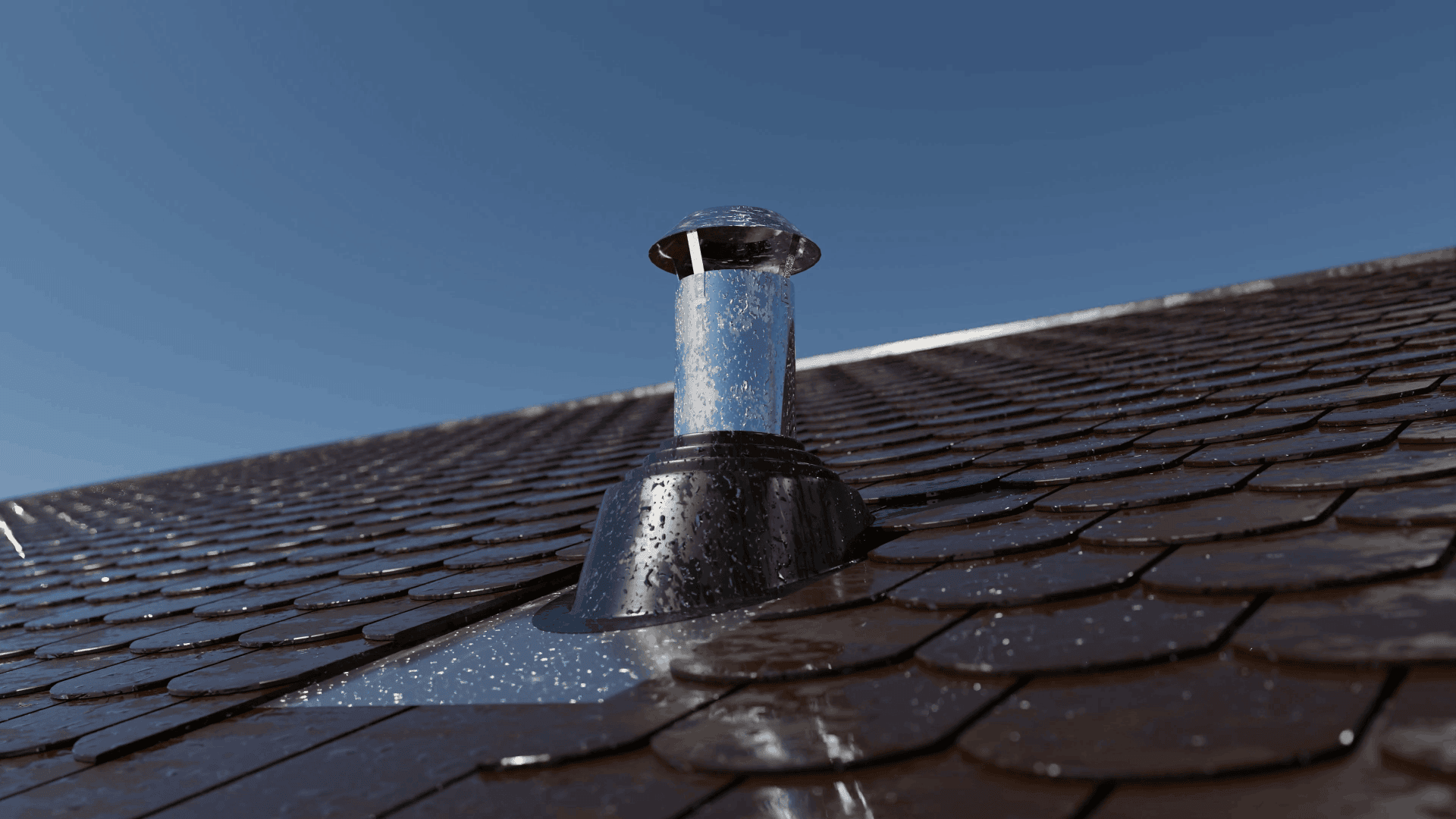 Nahaufnahme eines auf einem Schindeldach installierten Solarröhren-Dachfensters, mit Wassertropfen auf der Oberfläche und einem klaren blauen Himmel im Hintergrund.