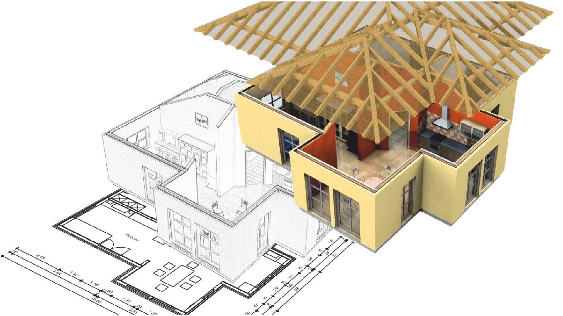 A 3D rendering of a house partially overlaid on architectural floor plans, showing both construction details like rafters and interior rooms, with part of the building displayed in wireframe.