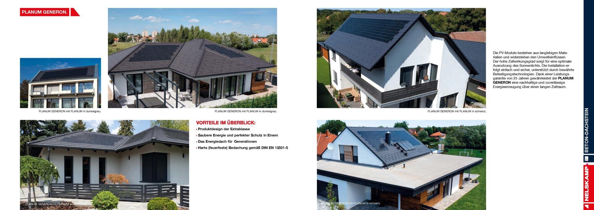 A layout of four modern houses with different roofs: gable, hip and flat roofs. The houses are surrounded by greenery and the image contains a text in German describing the advantages of the roofs.