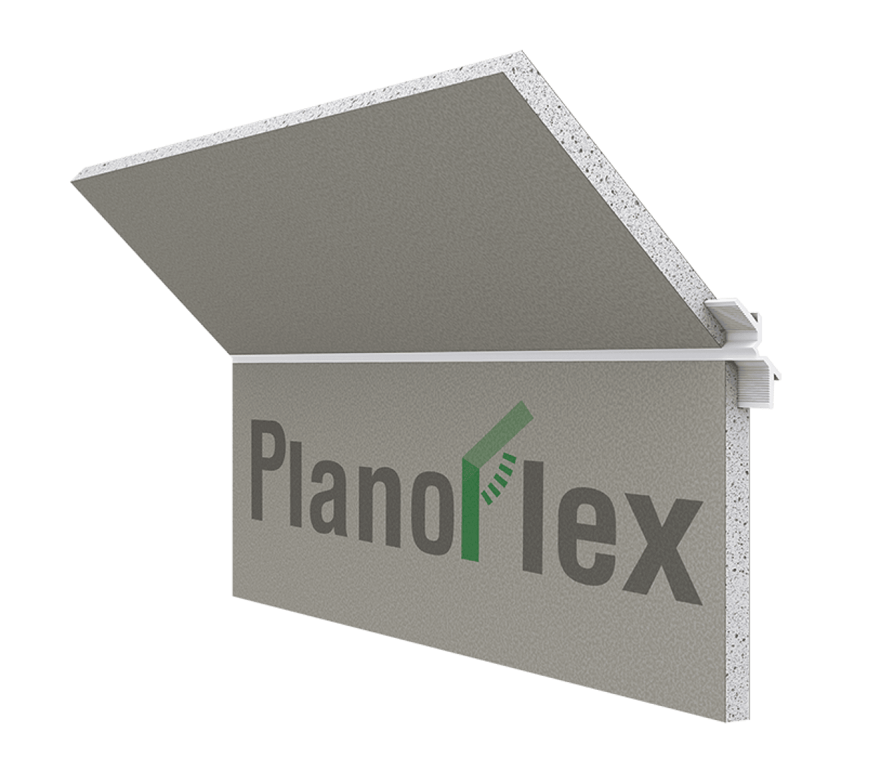 Eine graue Bauplatte mit der Aufschrift Planoflex ist an einer weißen Halterung befestigt, wobei die obere Hälfte der Platte flexibel nach oben geneigt ist, so dass ihr schichtweiser Aufbau sichtbar wird.