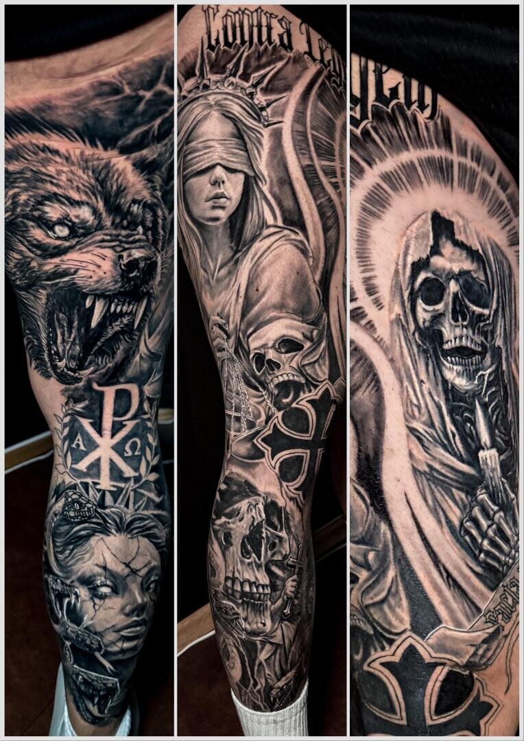 Three detailed black and gray tattoos: a snarling wolf, a blindfolded woman with skulls, and a hooded skeleton holding a candle, all with intricate shading.