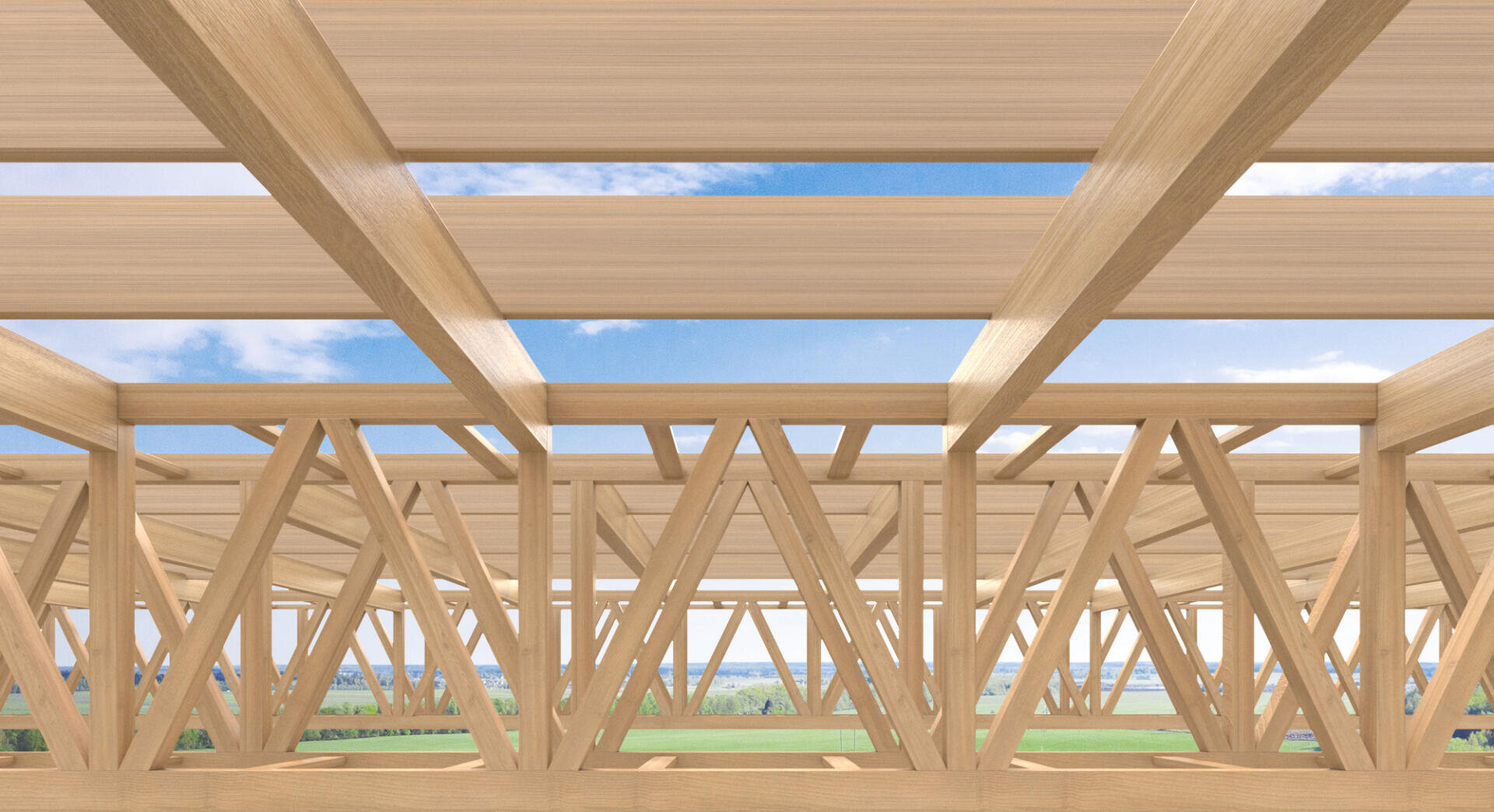 The wooden roof trusses and beams form an unfinished structure viewed from below, with the blue sky and green landscape visible through the gaps.