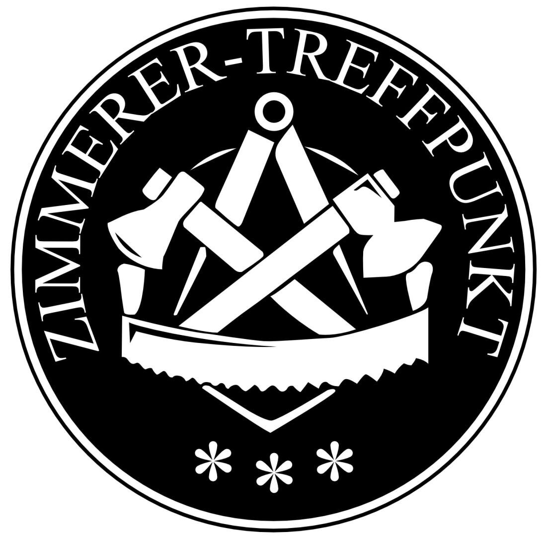 Ein schwarz-weißes kreisförmiges Logo mit den Worten ZIMMERER-TREFFPUNKT am Rand, mit zwei gekreuzten Äxten, einem Zeichenzirkel und einer Säge in der Mitte und drei Sternchen darunter.