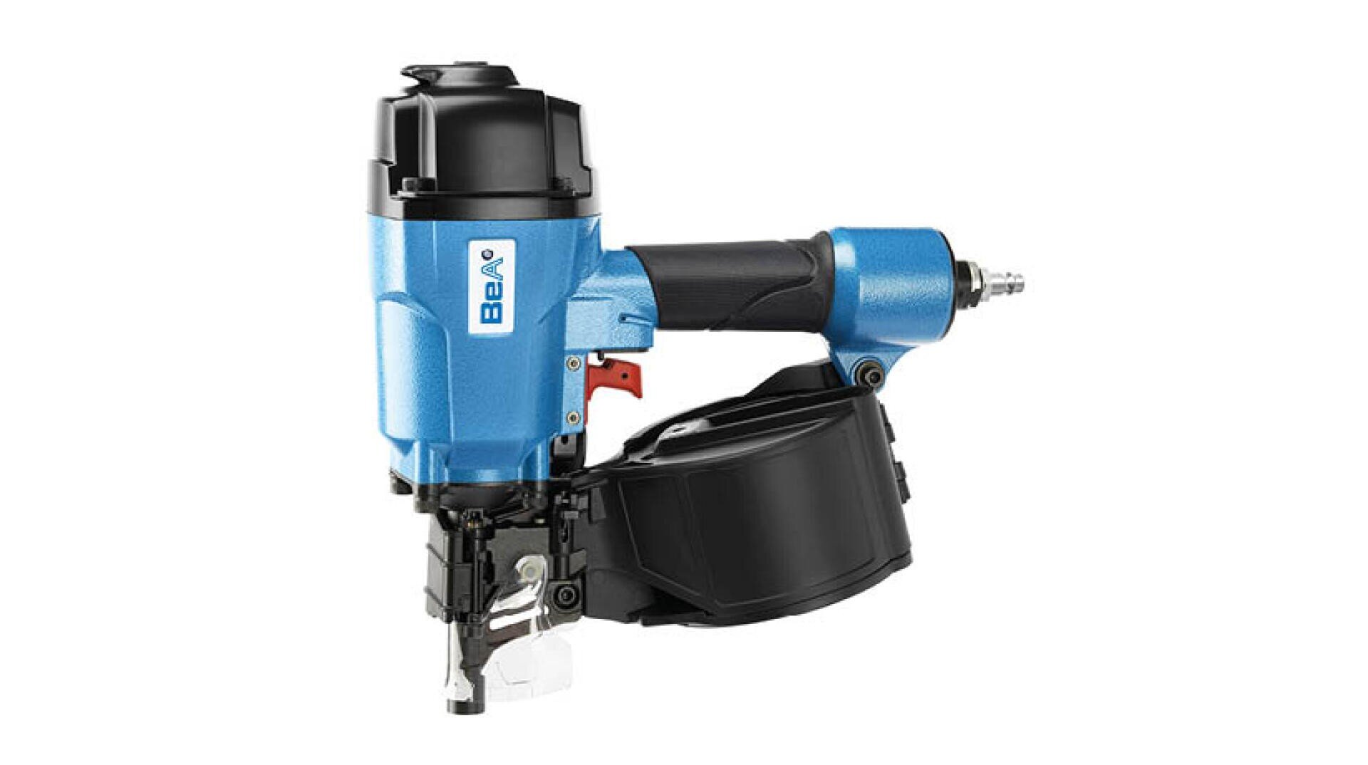 A blue and black pneumatic spiral nail gun with a comfortable handle, labeled BEA, shown against a white background.