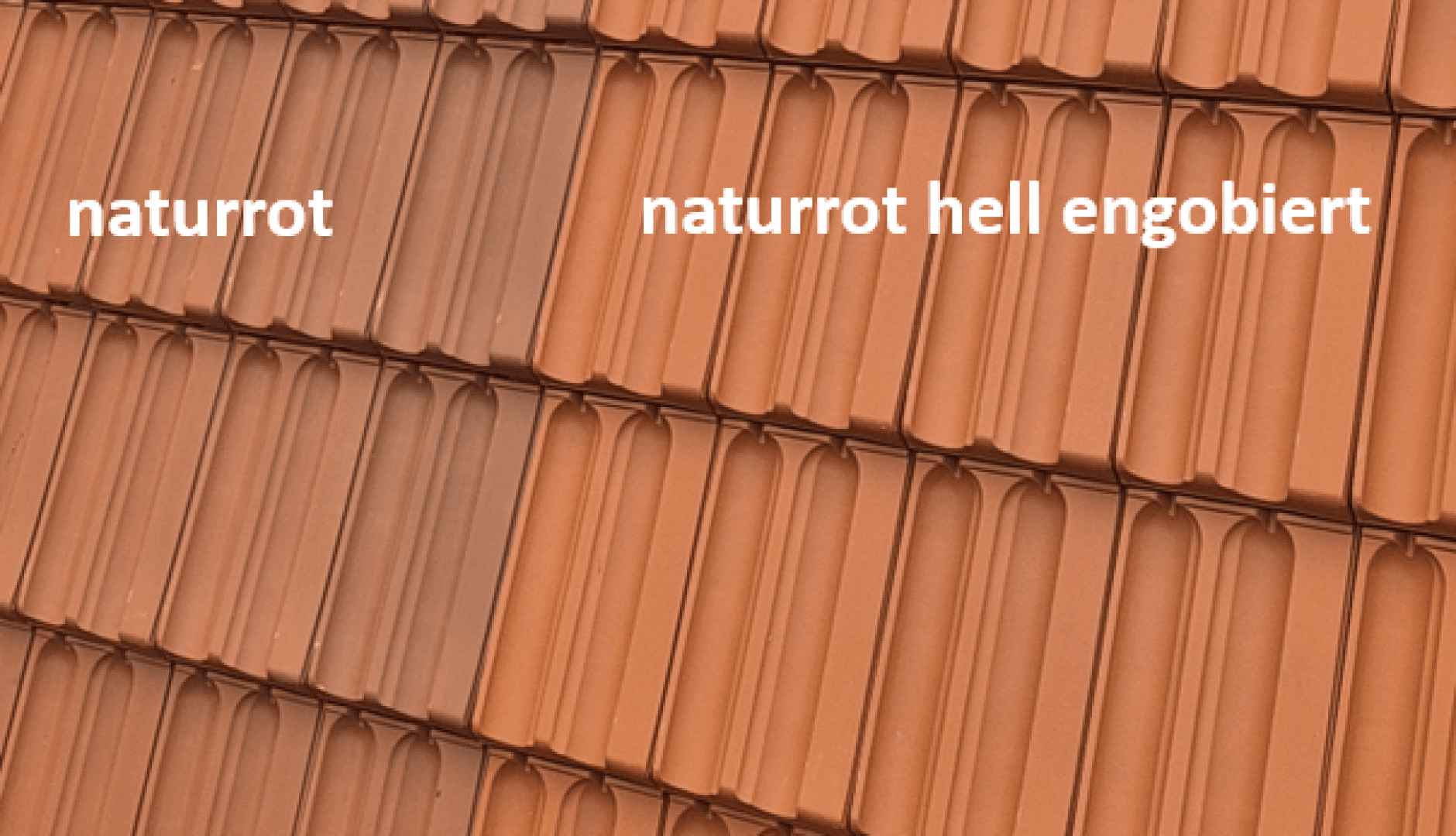 Es werden mehrere Reihen von Dachziegeln gezeigt. Die linke Seite zeigt Ziegel mit der Aufschrift naturrot in einem dunkleren Rot, während die rechte Seite hellrote Ziegel mit der Aufschrift naturrot hell engobiert zeigt.