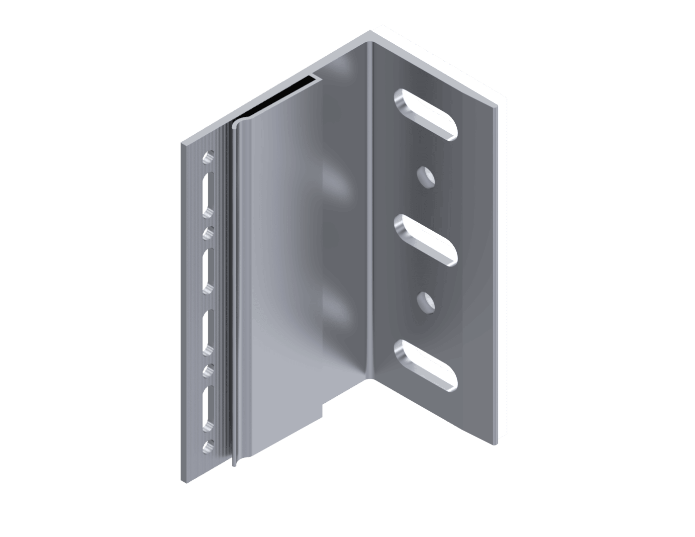 Eine 3D-Darstellung einer rechtwinkligen Metallhalterung mit mehreren Langlöchern und Schlitzen auf beiden Seiten, die für strukturelle Montage- oder Stützanwendungen konzipiert ist.
