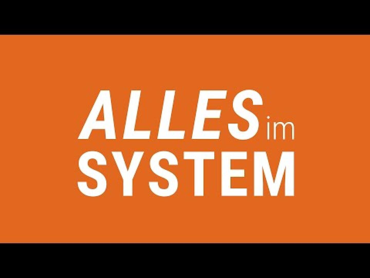 Der Text auf Deutsch auf orangefarbenem Hintergrund lautet: ALLES im SYSTEM, wobei ALLES und SYSTEM in fetten weißen Großbuchstaben und im in kleineren, normalen weißen Kleinbuchstaben geschrieben sind. Oben und unten befinden sich schwarze Ränder.