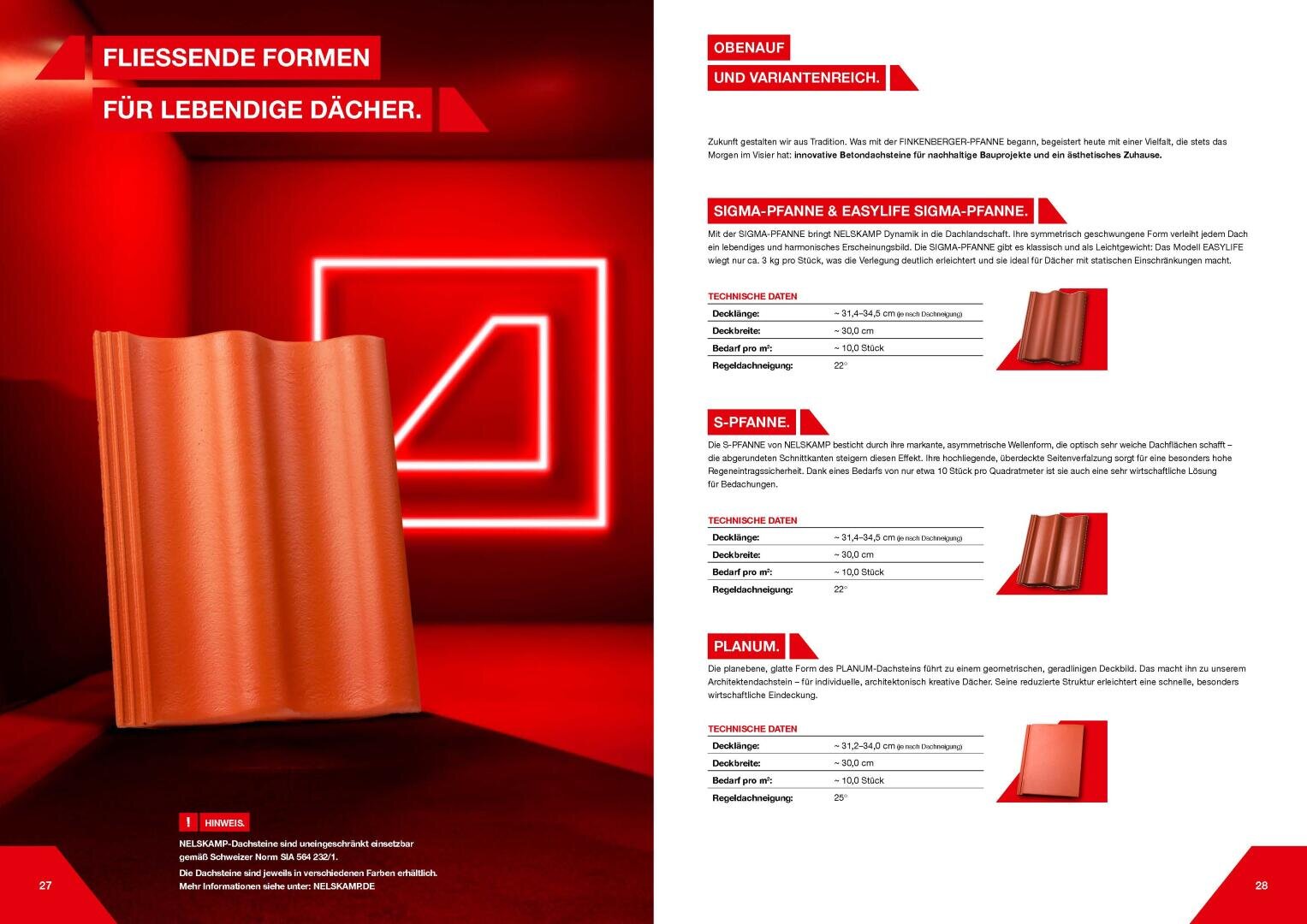 A sleek, red roof tile stands on a red floor with glowing neon red shapes in the background. The right side features technical descriptions and diagrams of various roof tiles on a white background.