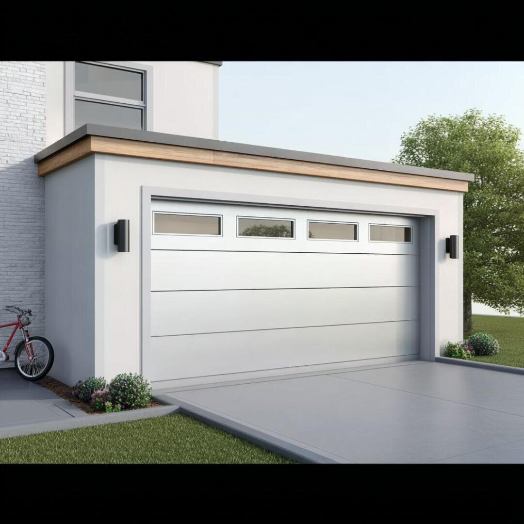 Moderne Hausfassade mit einem schlichten weißen Garagentor mit vier rechteckigen Fenstern oben, umgeben von einer sauberen Einfahrt, grünem Gras, kleinen Sträuchern und einem roten Fahrrad auf der linken Seite.