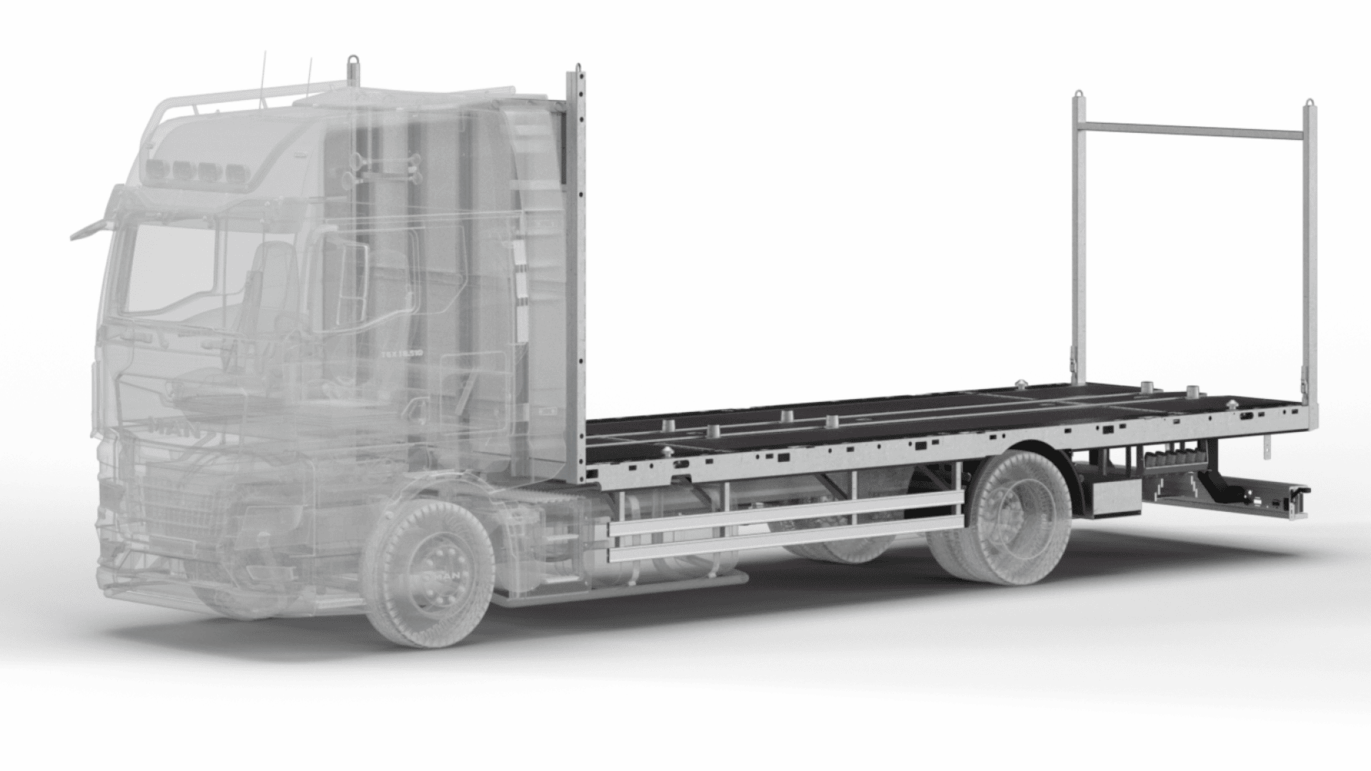 A semi-transparent rendering of a truck with a visible flatbed frame, showing the trucks internal structure and mechanics in grayscale.