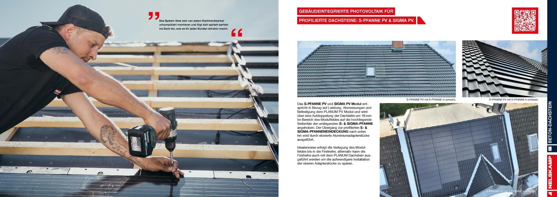 A worker uses a drill to install solar cells on a pitched roof. The right-hand side shows various views of roofs equipped with building-integrated photovoltaic tiles, as well as a product description in German.