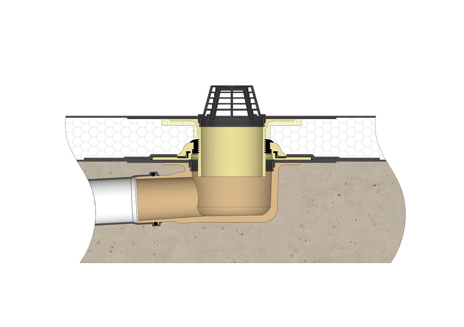 Querschnittsdarstellung eines Regenwasserkanals mit einem Gitter oben, das an ein unterirdisches Rohr angeschlossen ist, das gekrümmt ist und horizontal durch eine Betonsohle verläuft. Der umgebende Bereich besteht aus Boden und Pflaster.