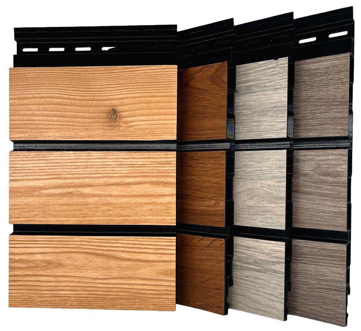 Four patterns of horizontal wood-look siding panels in different shades: light natural wood, medium brown, gray-brown and light gray. Each panel has a realistic wood grain.