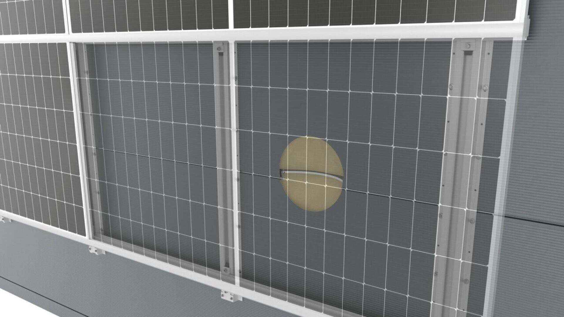 A close-up view of a netted barrier with a circular, tan patch on a gray background, framed by white metal bars.