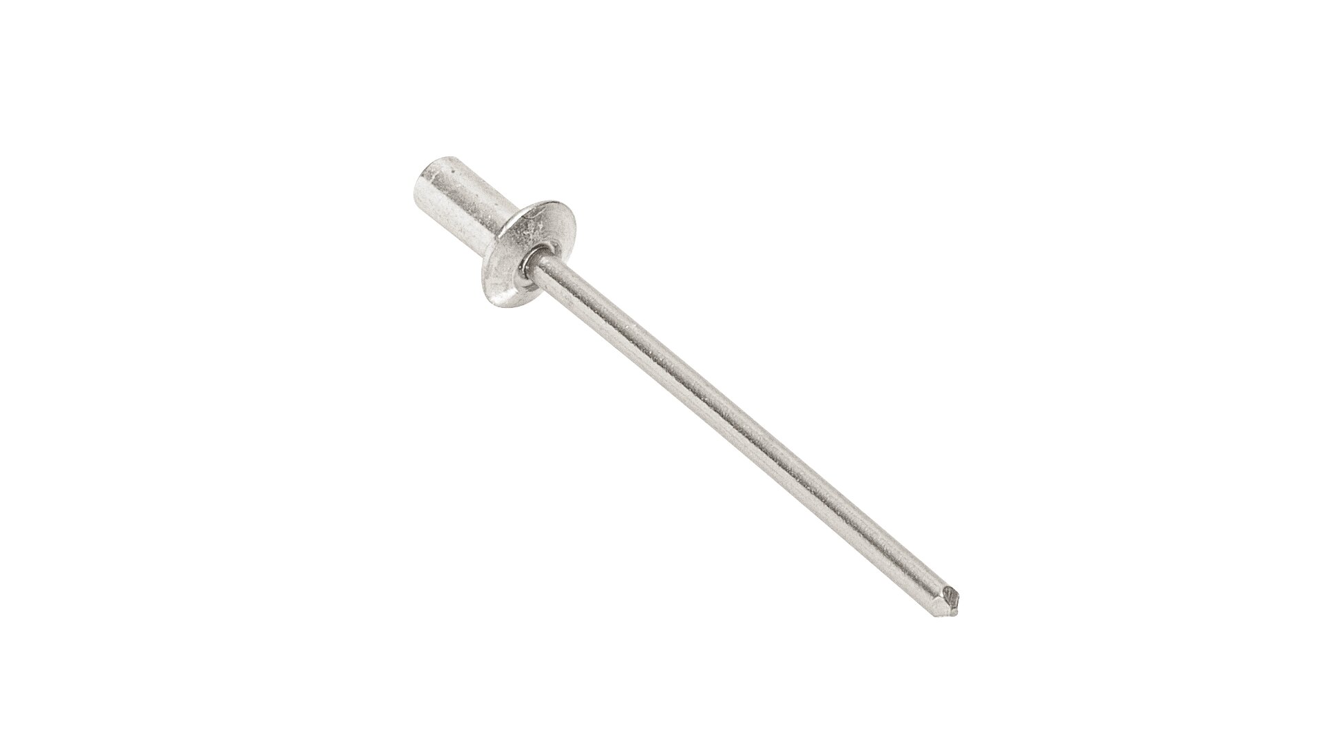 Ein einzelner metallischer Blindniet mit zylindrischem Schaft und gewölbtem Kopf, auf weißem Hintergrund platziert.