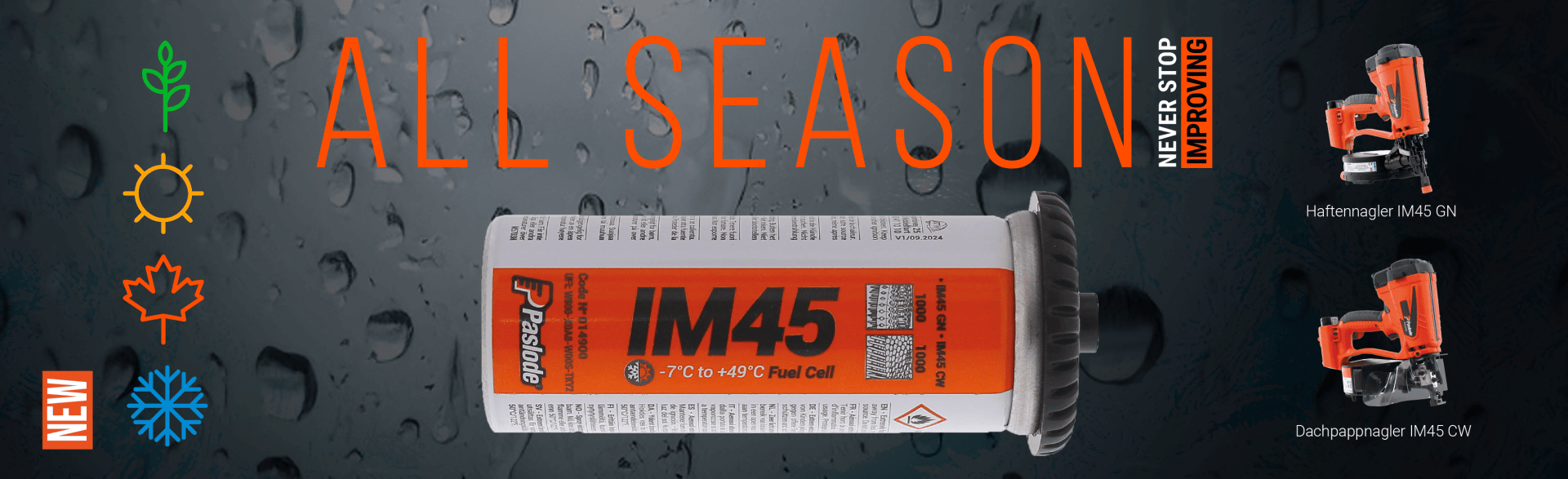 Eine Paslode IM45-Brennstoffzelle ist waagerecht auf einem dunklen Hintergrund abgebildet, mit dem Text ALL SEASON" darüber, Saison-Symbolen auf der linken Seite und Bildern von zwei orangefarbenen Naglern auf der rechten Seite.