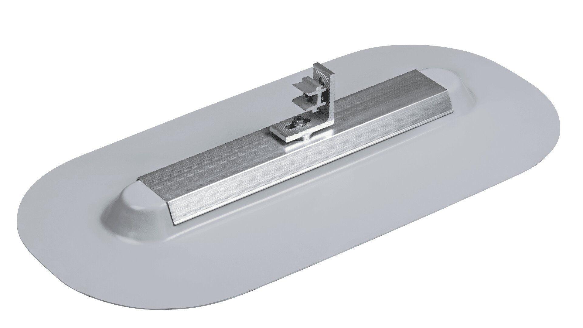 Eine Metallmontagehalterung mit einer rechteckigen Aluminiumbasis, die an einer flachen, ovalen, hellgrauen Platte befestigt ist und zum Befestigen von Geräten oder Vorrichtungen an einer Oberfläche dient.