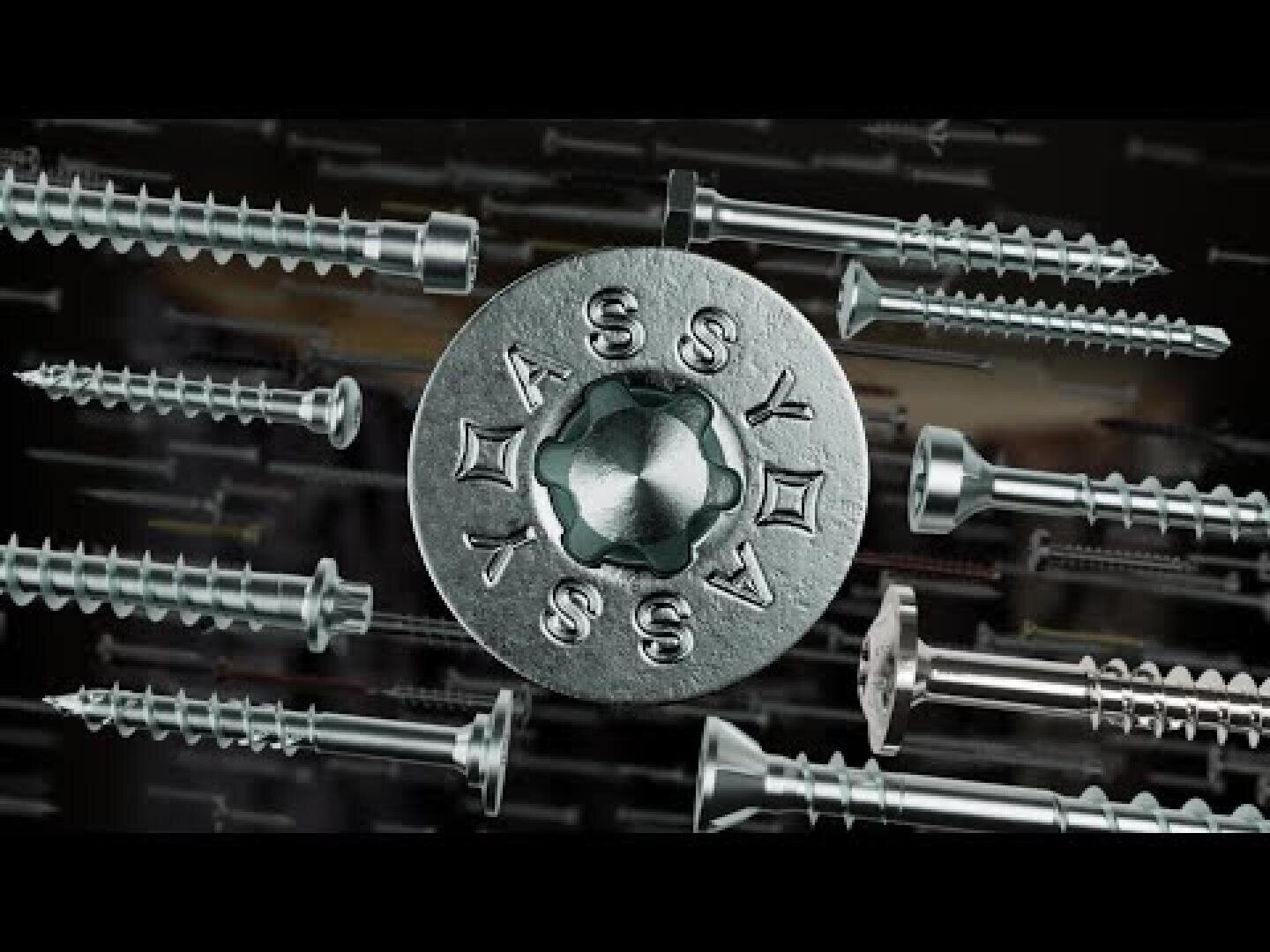 Auf einem dunklen Hintergrund sind mehrere Metallschrauben radial angeordnet. In der Mitte befindet sich eine Nahaufnahme eines Schraubenkopfes mit eingravierten Symbolen und dem Wort ASSY.