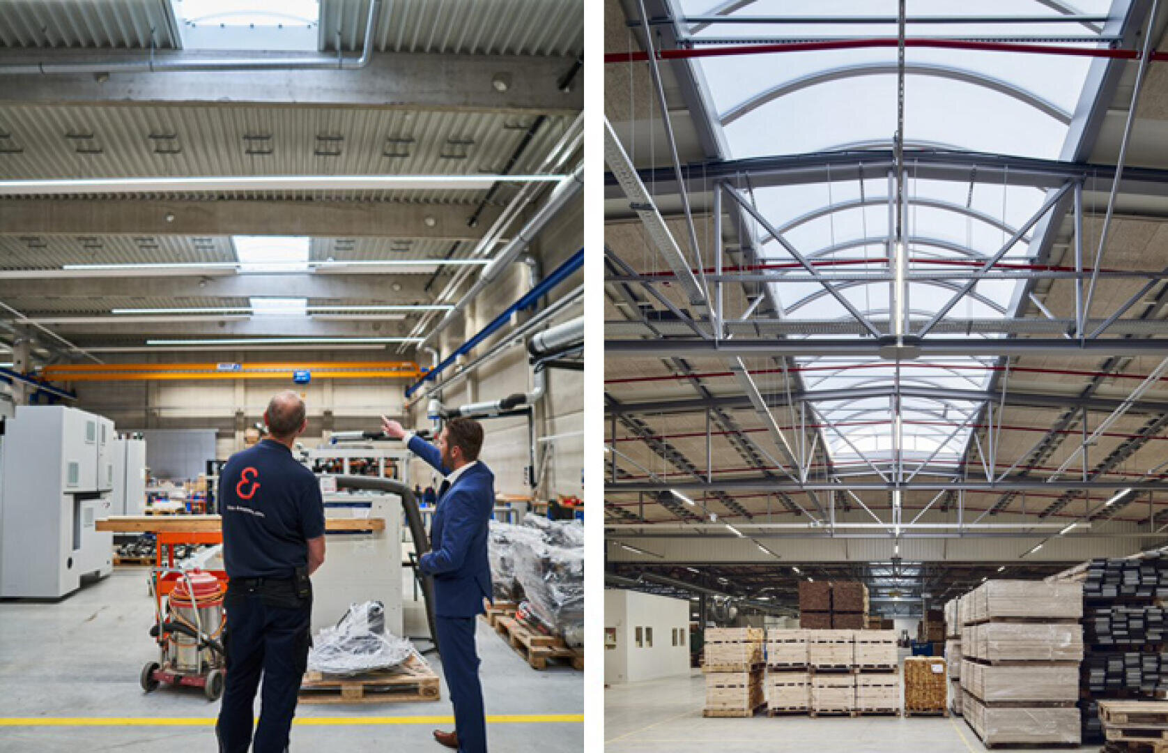 Two men stand in a large industrial warehouse with skylights and talk about the space. The adjacent image shows a different angle of a similar warehouse and highlights the arched skylights and stacks of pallets.