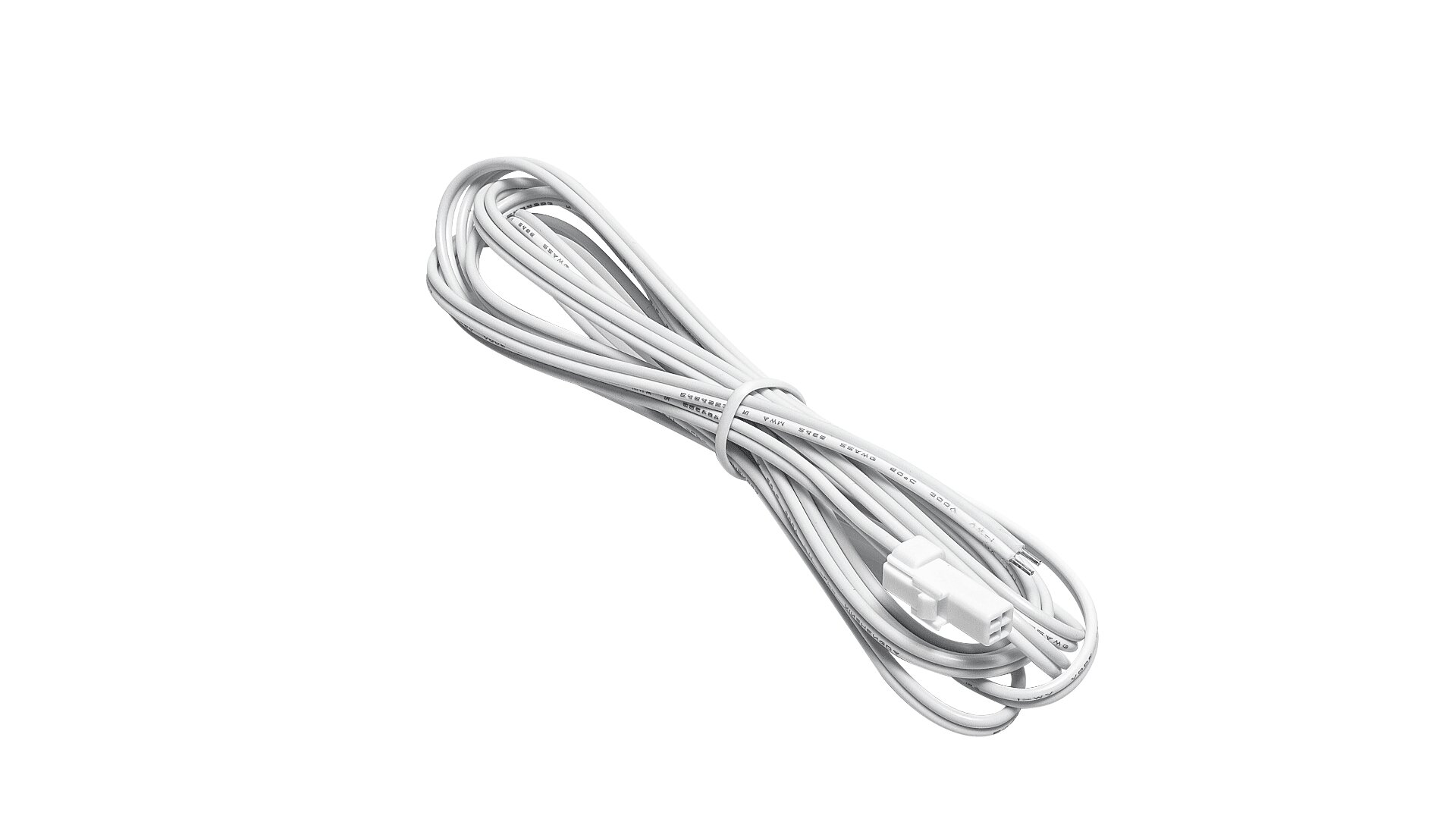 Ein aufgerolltes weißes Stromkabel mit einem in der Mitte befestigten Stecker auf weißem Hintergrund.