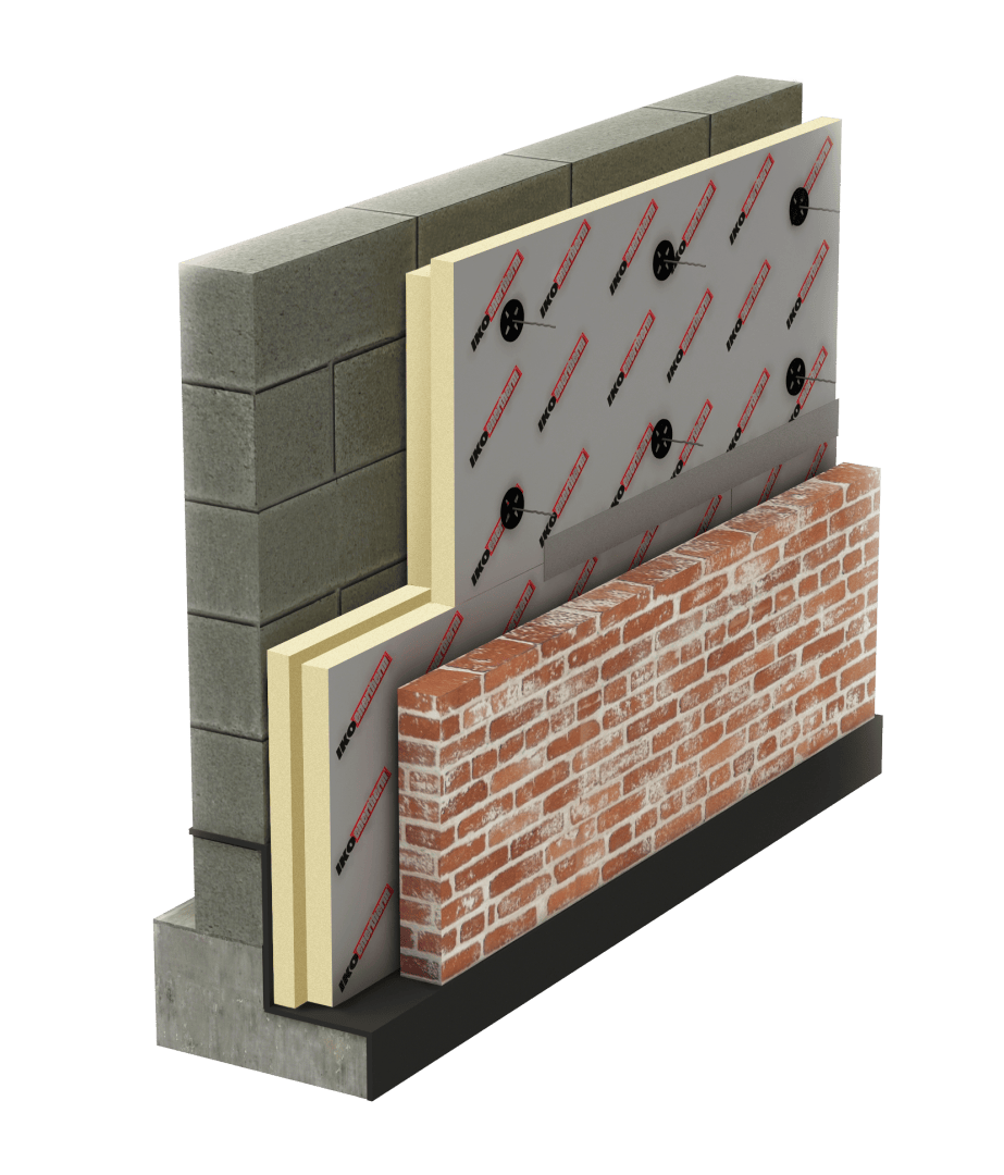 A 3D illustration shows the layers of a wall: concrete blocks, insulation boards, a moisture barrier with fixings and an outer layer of red brick on a black background.