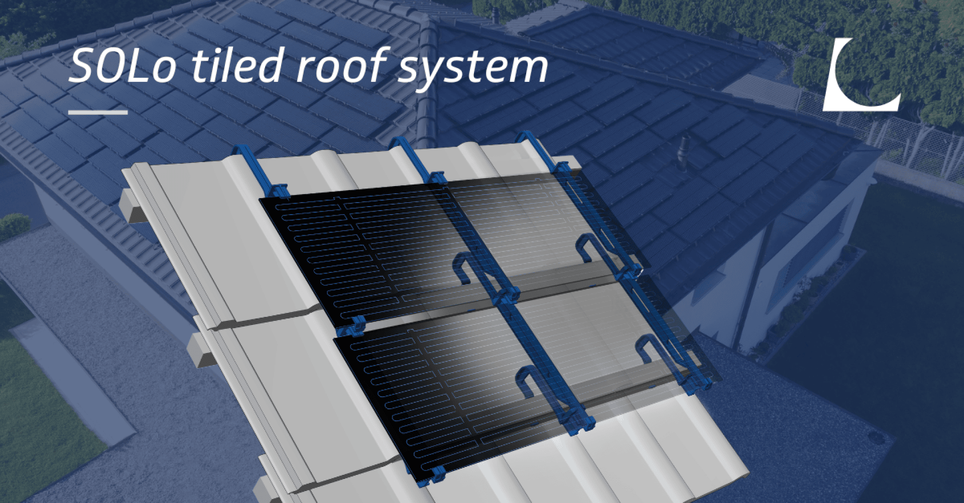 A close-up render of the SOLO tiled roof system shows modular solar tiles, overlaid on a photo of a house with a solar tile roof. The SOLO logo and text SOLO tiled roof system appear at the top left.