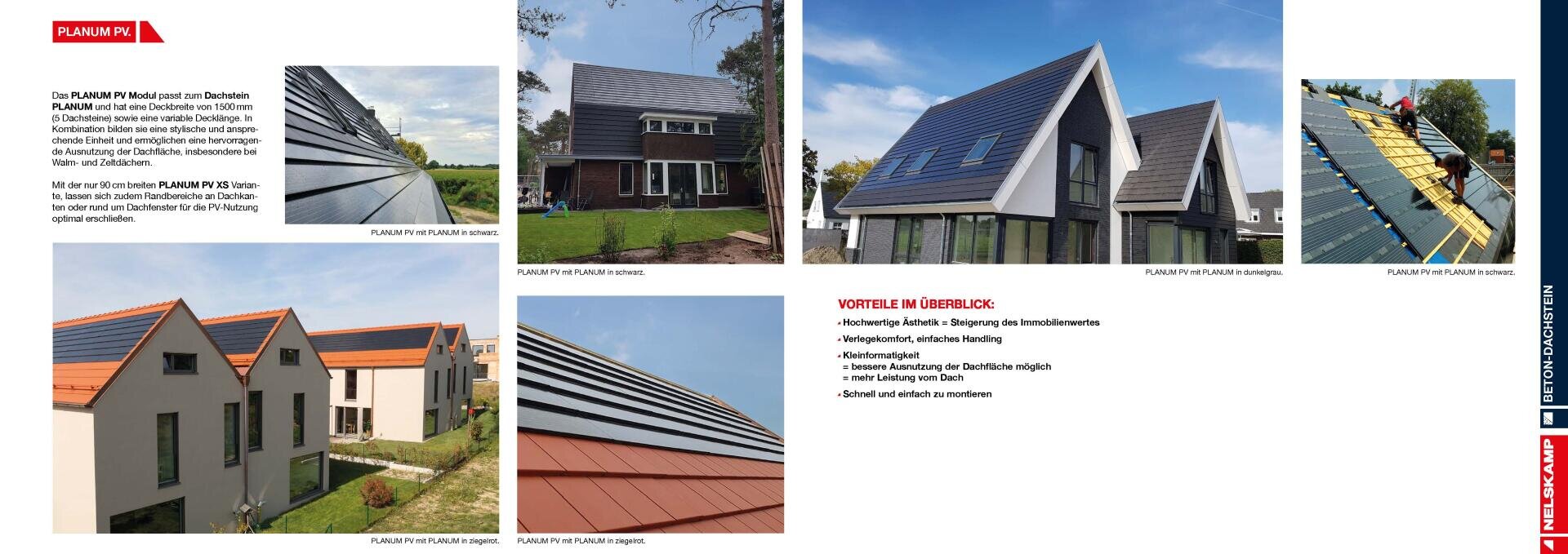 A brochure page shows various houses and buildings with modern, dark tiled roofs, close-ups of roof tiles and installation, as well as a German text describing the PLANUM PV roof systems and their advantages.
