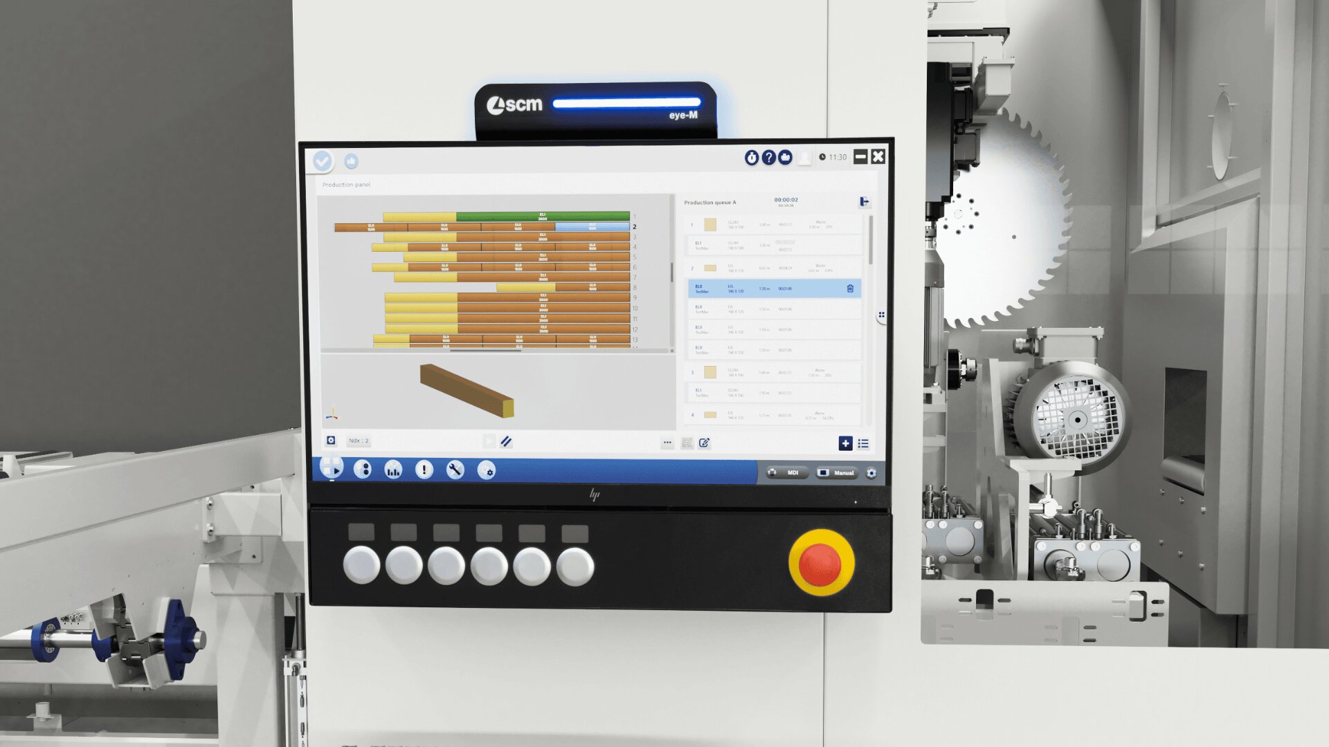 Nahaufnahme einer industriellen Maschinenschnittstelle mit einer digitalen Steuertafel und einem Bildschirm, auf dem ein Holzverarbeitungsdiagramm zu sehen ist, mit Tasten darunter und Maschinen im Hintergrund.
