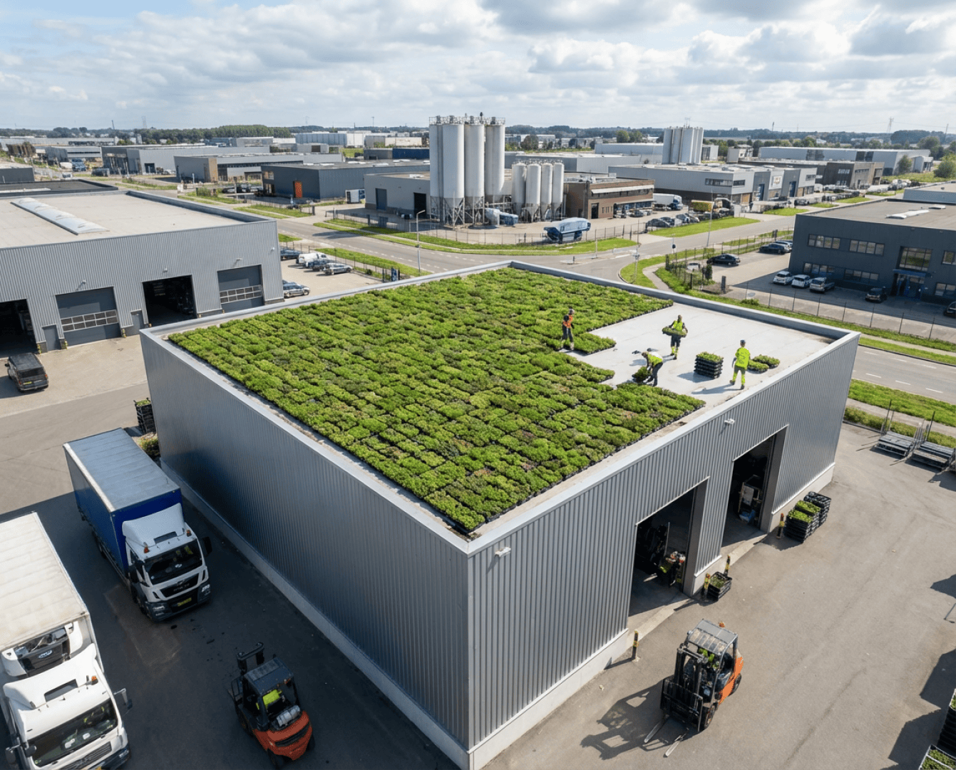 Luftaufnahme einer großen Lagerhalle mit Arbeitern, die sich um ein begrüntes Dach mit Pflanzen kümmern; umliegende moderne Industriegebäude, Lastwagen und Gabelstapler sind unter einem teilweise bewölkten Himmel zu sehen.
