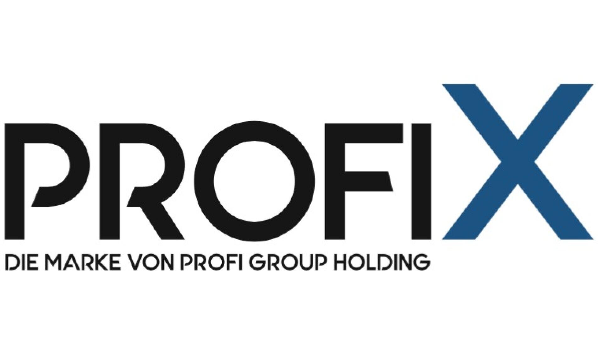Logo mit dem Wort PROFIX in fetten Buchstaben, mit dem X in Blau. Darunter steht in kleinerer Schrift DIE MARKE VON PROFI GROUP HOLDING in Schwarz. Einfacher weißer Hintergrund.
