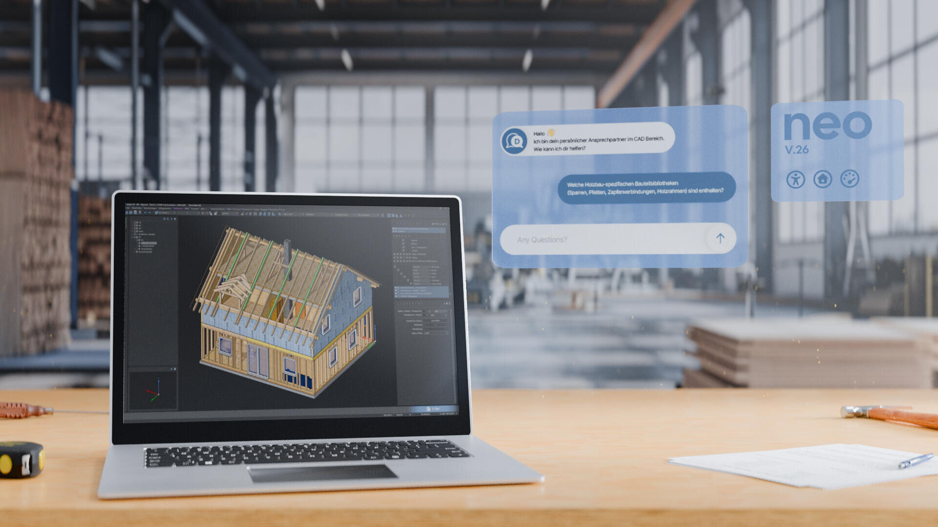 A laptop on a wooden desk displays a 3D model of a house frame. In the background is a spacious, modern warehouse. Floating digital interface windows show chat messages and neo v2.6 software information.