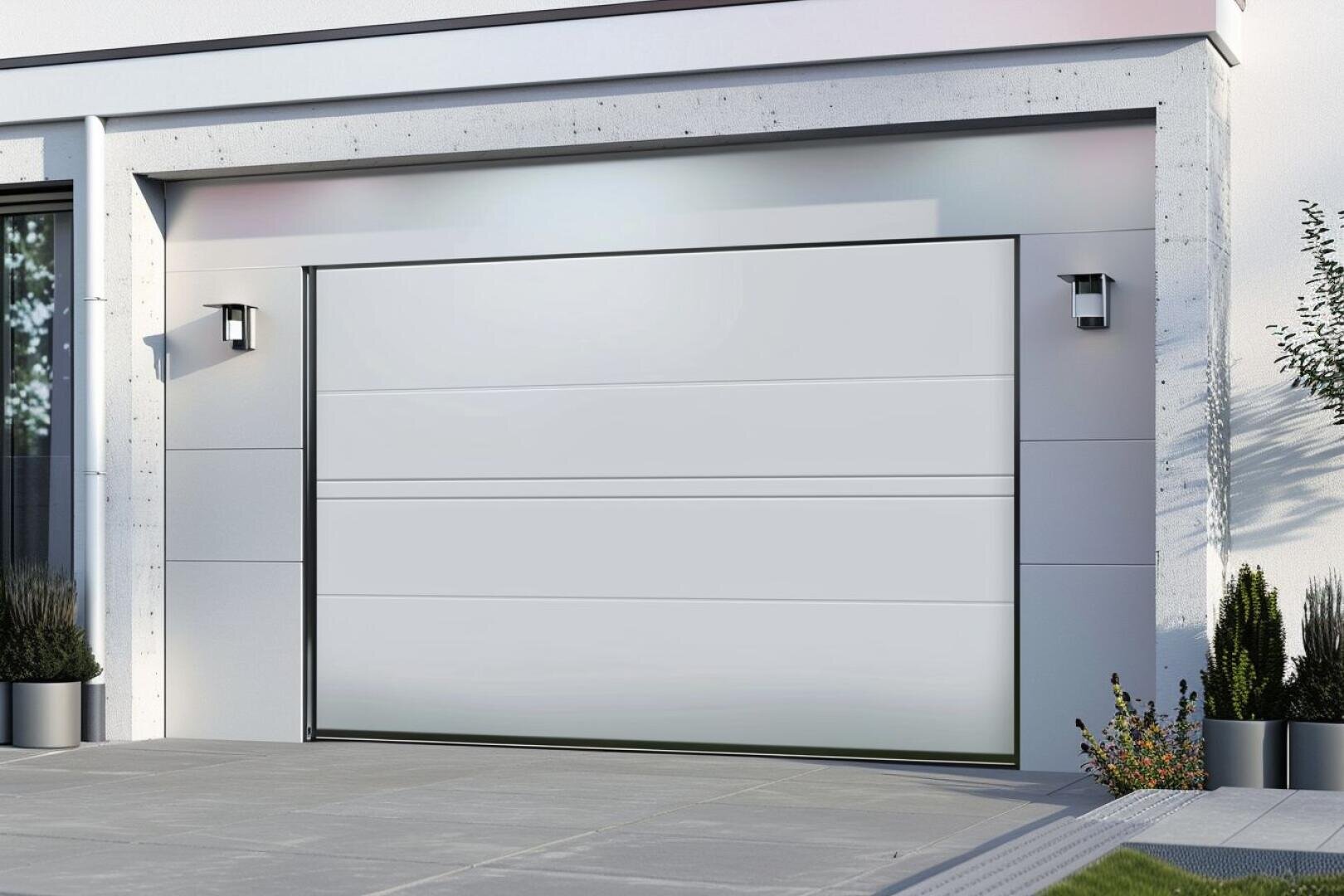 Modernes weißes Garagentor mit horizontalen Paneelen an einem zeitgenössischen Haus. Zwei rechteckige Wandleuchten sind auf beiden Seiten angebracht, und Topfpflanzen schmücken den Eingang. Die Einfahrt ist sauber und gepflastert.