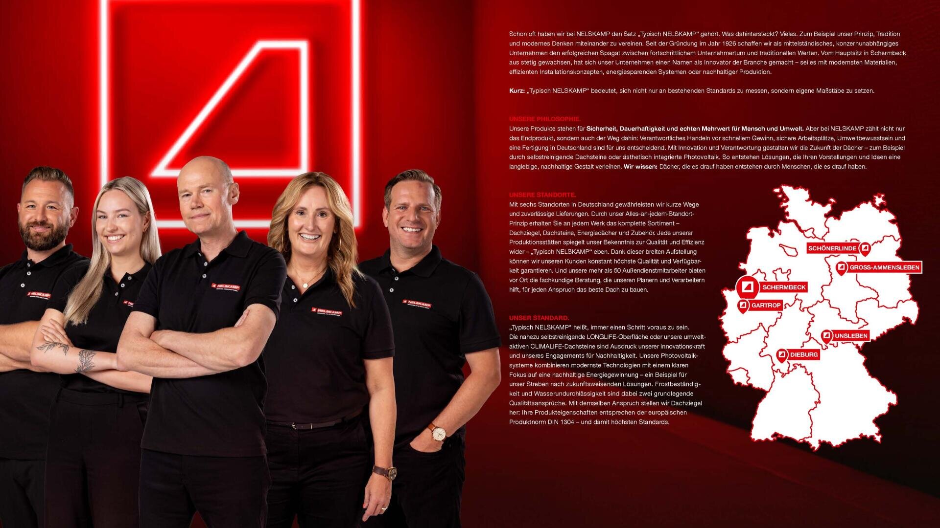Five people in black polo shirts with red and white logos stand smiling in front of a red background. To the right, white text and a map of Germany with marked cities are visible. A large red logo with the number 4 is on the left.