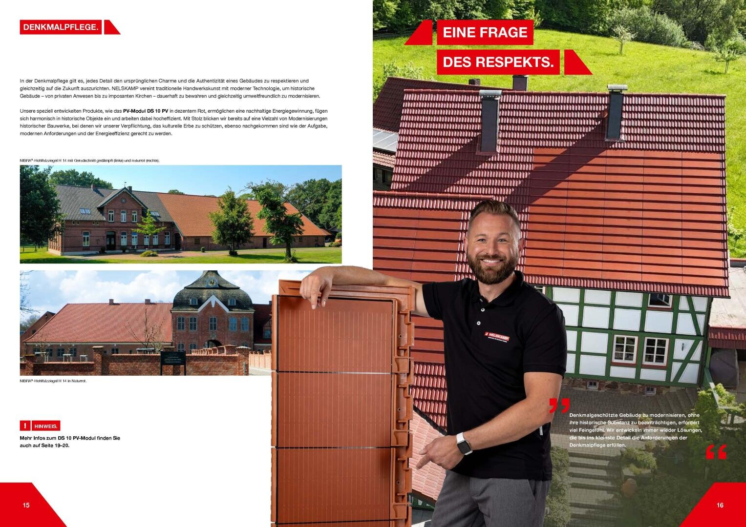 A smiling man in a black shirt stands holding a roof tile. Behind him is a bright red roof. To the left are images of traditional German houses with tiled roofs and a grassy background. Text and red graphics overlay the image.