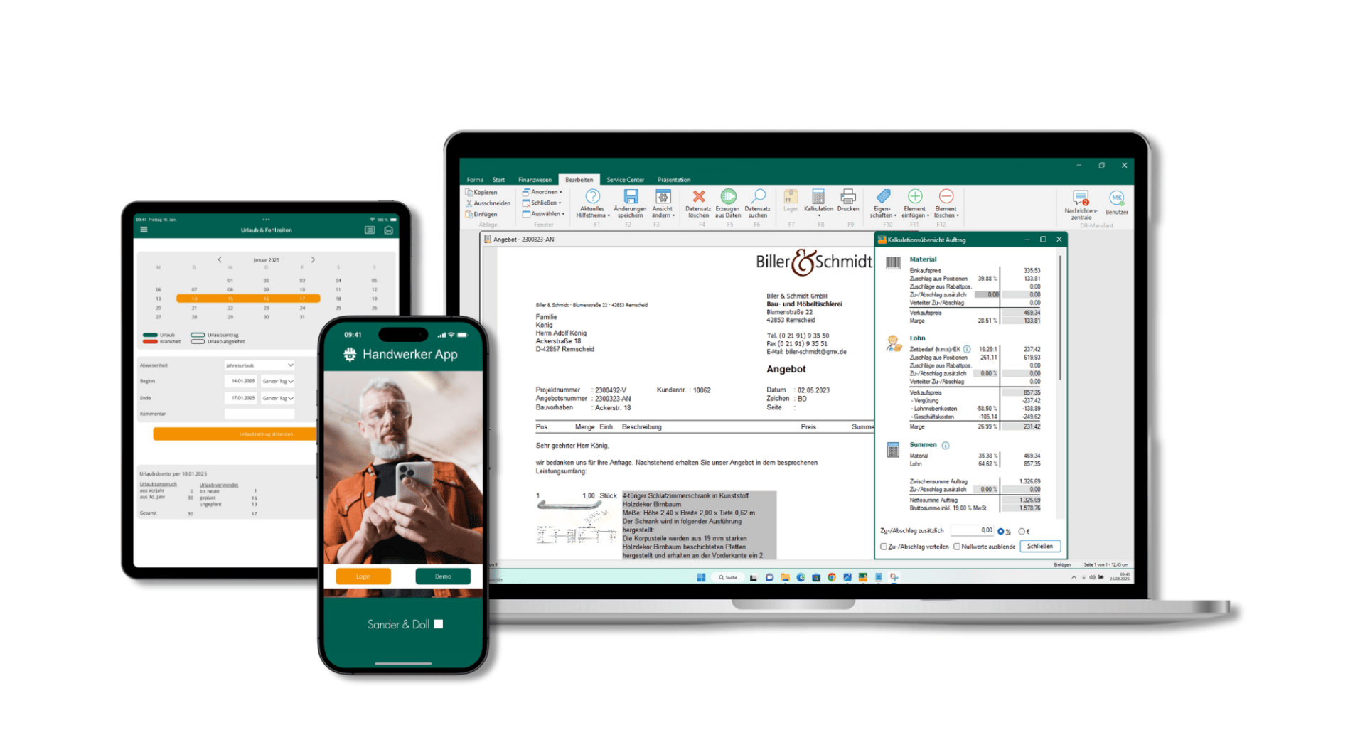Ein Smartphone, ein Tablet und ein Laptop zeigen verschiedene Schnittstellen an: eine App für Handwerker mit dem Foto eines Mannes, einen Terminkalender und eine Rechnungssoftware, die integrierte digitale Lösungen für die Unternehmensführung vorschlägt.