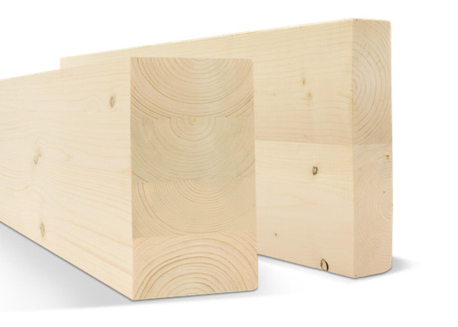 Two large, light-colored wooden beams with visible wood grain and layered construction, standing upright and slightly overlapping each other on a white background.