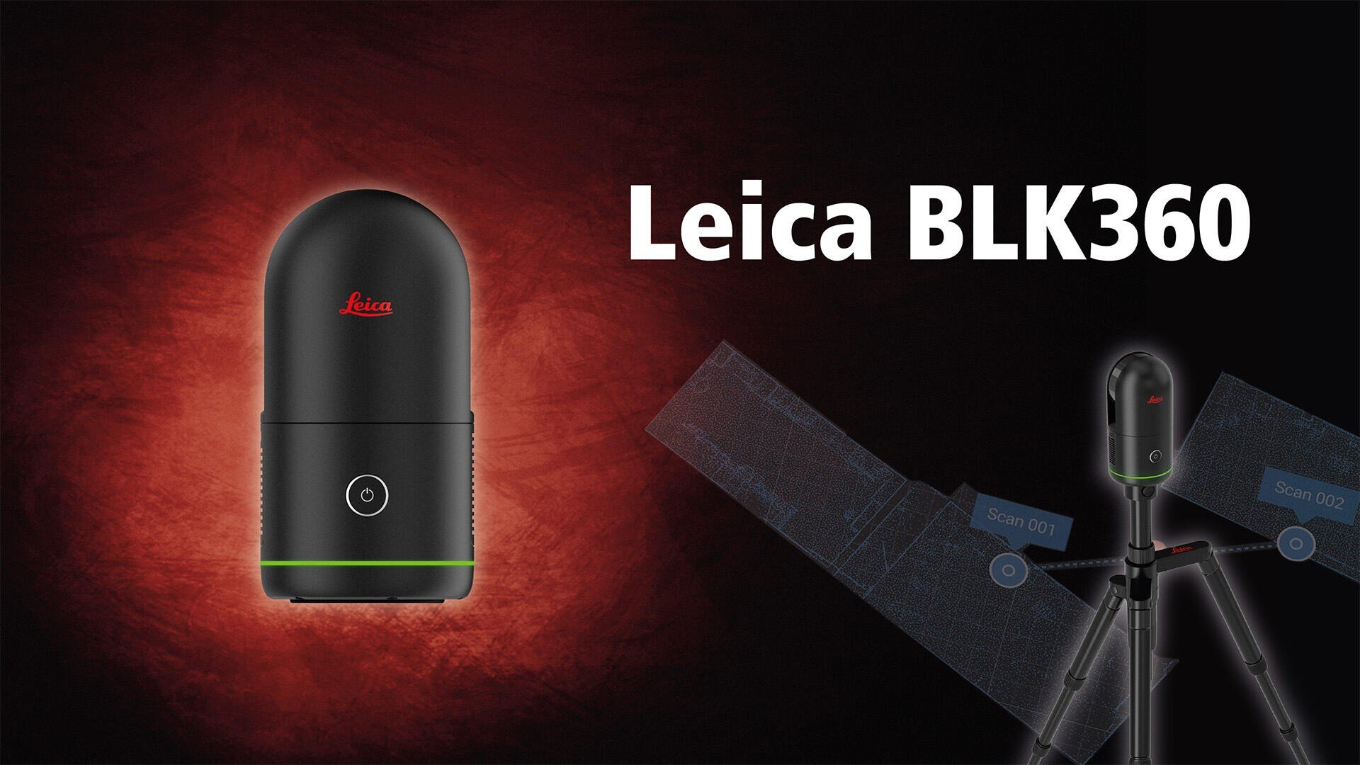 Ein Leica BLK360 3D-Laserscanner ist vor einem rot-schwarzen Hintergrund mit Farbverlauf abgebildet, wobei der Gerätename Leica BLK360 in fetter weißer Schrift steht. Der Scanner ist ebenfalls auf einem Stativ abgebildet und scannt in mehrere Richtungen.