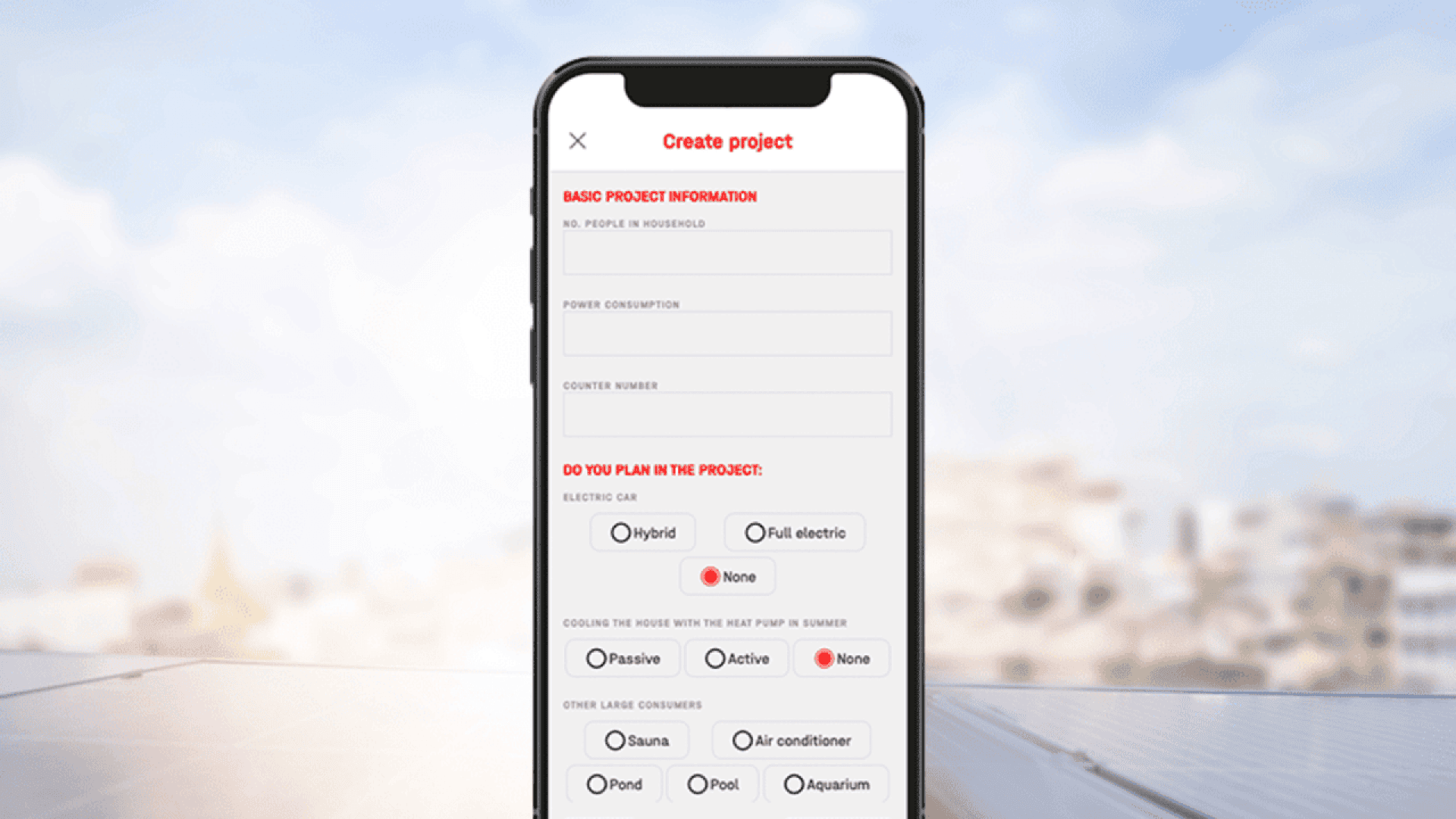 A smartphone displays an energy project setup form, prompting for household size, power consumption, and appliance use, with options for car type and cooling system. The None option is selected under electric car options.
