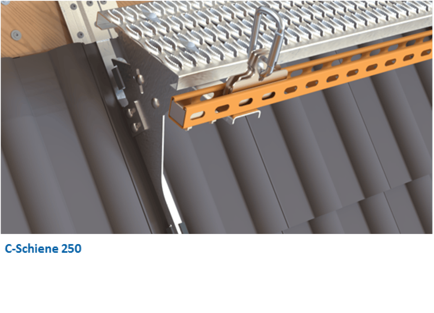 Nahaufnahme eines Metallschienensystems C-Schiene 250, das auf einem dunklen Schrägdach installiert ist und einen Metallsteg für den sicheren Zugang zum Dach und für Wartungsarbeiten trägt.